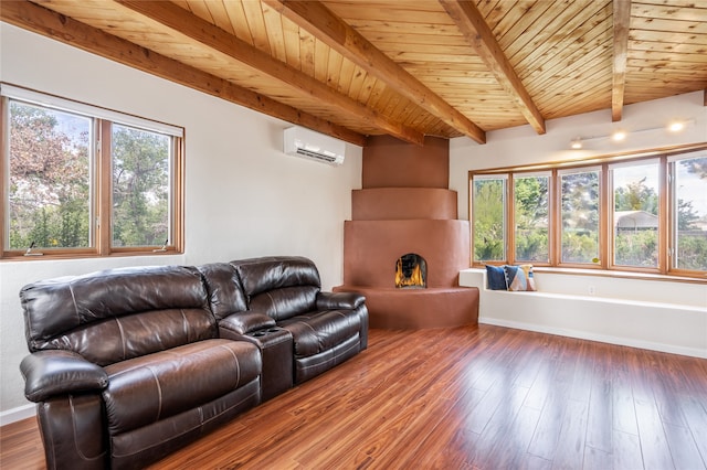 living room featuring wood-type flooring, a fireplace, wood ceiling, beamed ceiling, and a wall unit AC