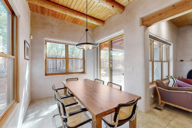 dining area with lofted ceiling with beams, wood ceiling, and light tile patterned floors