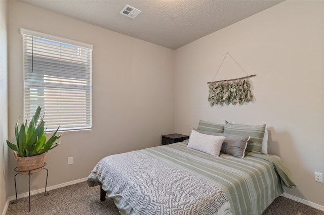 bedroom featuring a textured ceiling, carpet, and multiple windows