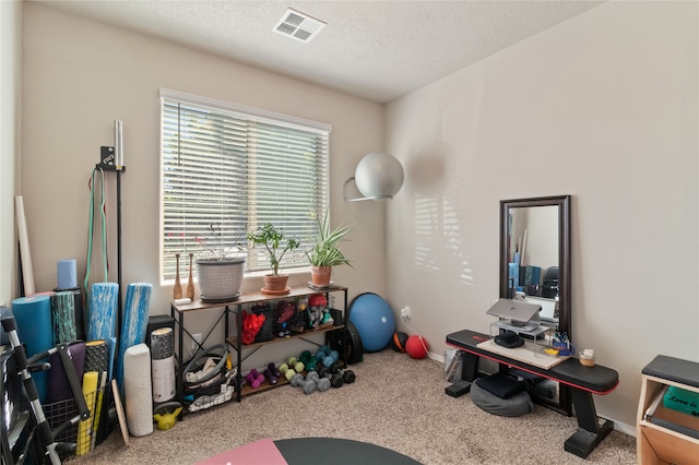 exercise area featuring carpet and a textured ceiling