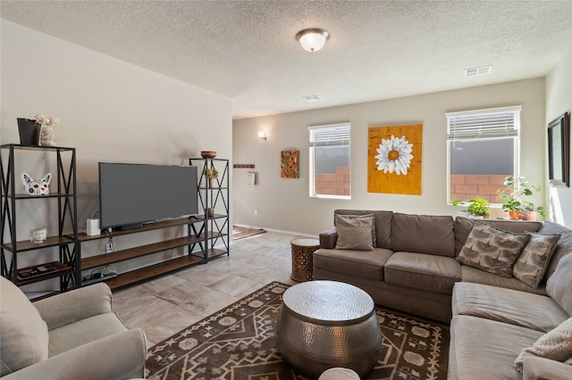 living room with a textured ceiling