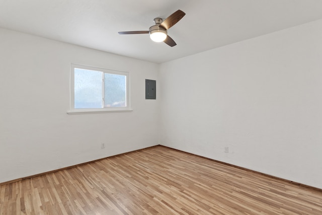 empty room featuring light wood-type flooring, electric panel, and ceiling fan