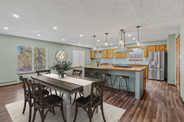 dining room featuring sink, a textured ceiling, and dark wood-type flooring