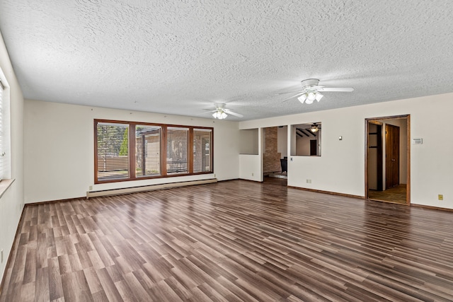 unfurnished living room featuring dark hardwood / wood-style floors, ceiling fan, a textured ceiling, and a baseboard heating unit