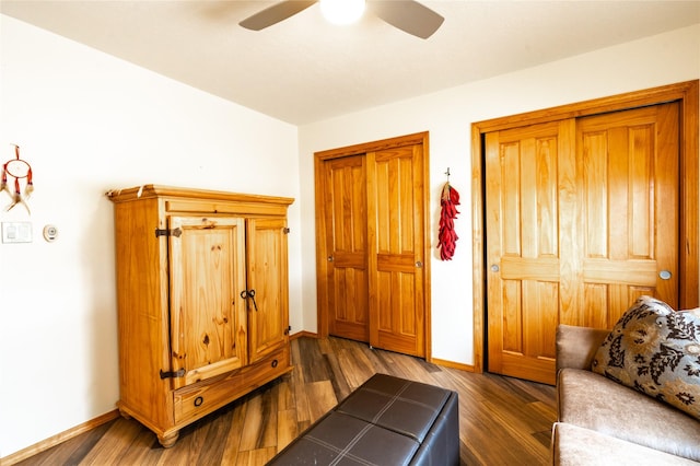 living room featuring dark hardwood / wood-style flooring and ceiling fan