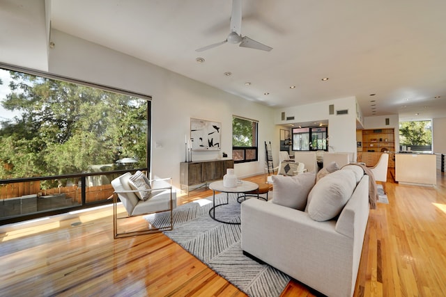 living room featuring light hardwood / wood-style floors and ceiling fan