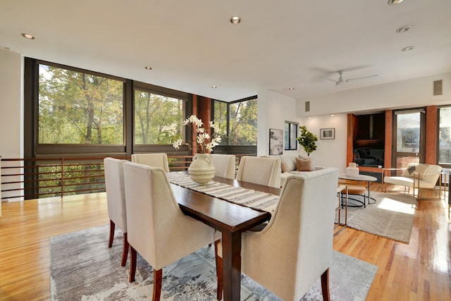 dining area featuring light hardwood / wood-style floors, ceiling fan, and a wall of windows