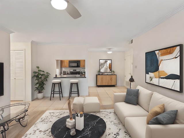505 Oppenheimer Dr Unit 511, Los Alamos, NM 87544 - living area featuring ceiling fan, ornamental molding, and light wood finished floors