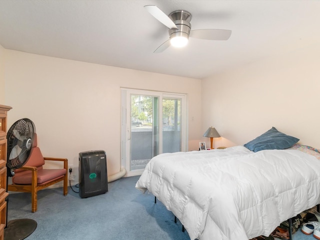 bedroom with access to outside, carpet flooring, and a ceiling fan