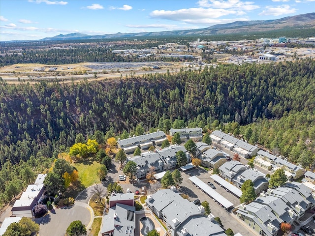 birds eye view of property with a mountain view, a residential view, and a wooded view