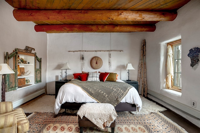 bedroom featuring carpet, beam ceiling, wooden ceiling, and a baseboard heating unit