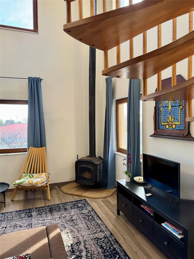 living area featuring a wood stove and wood finished floors