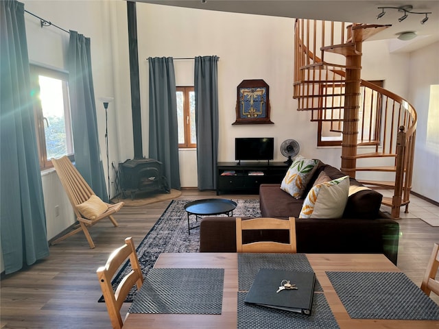 living room featuring wood-type flooring and a wood stove