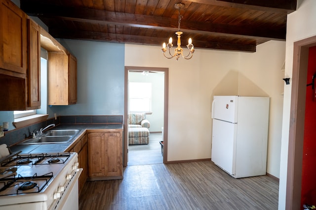 kitchen with beamed ceiling, decorative light fixtures, white appliances, wood ceiling, and light wood-type flooring