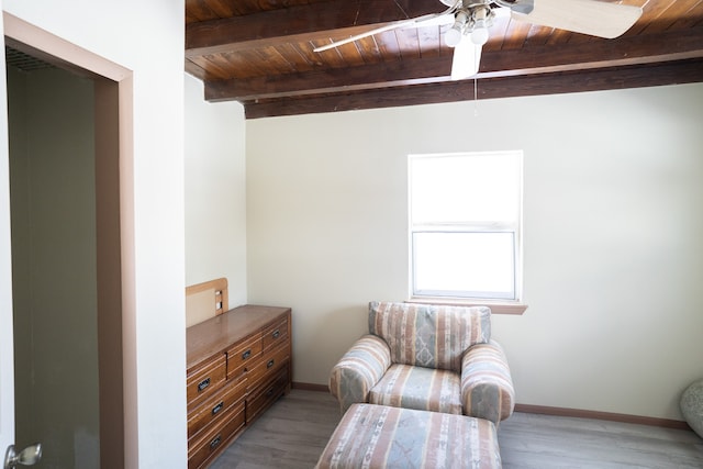 sitting room with light wood-type flooring, ceiling fan, and wood ceiling