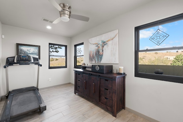 exercise room with ceiling fan, a healthy amount of sunlight, and light hardwood / wood-style flooring