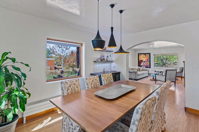 dining area with a healthy amount of sunlight and light hardwood / wood-style floors