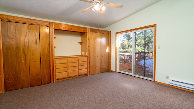 unfurnished bedroom featuring carpet flooring, ceiling fan, a baseboard radiator, vaulted ceiling, and two closets