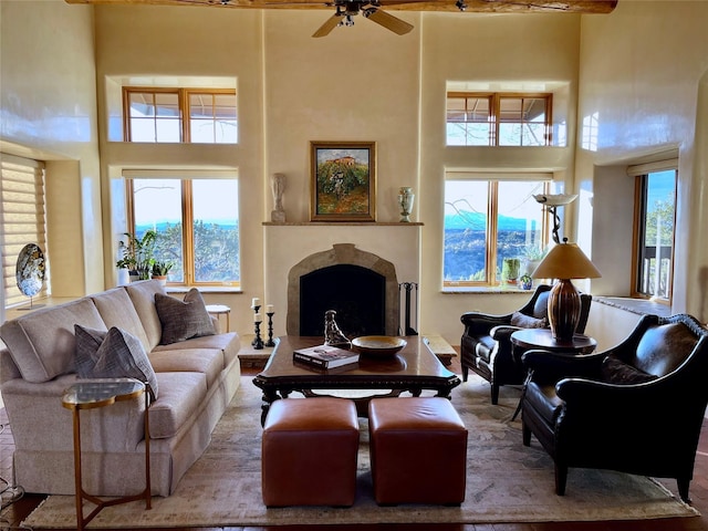 living room featuring plenty of natural light, a mountain view, and a fireplace with raised hearth