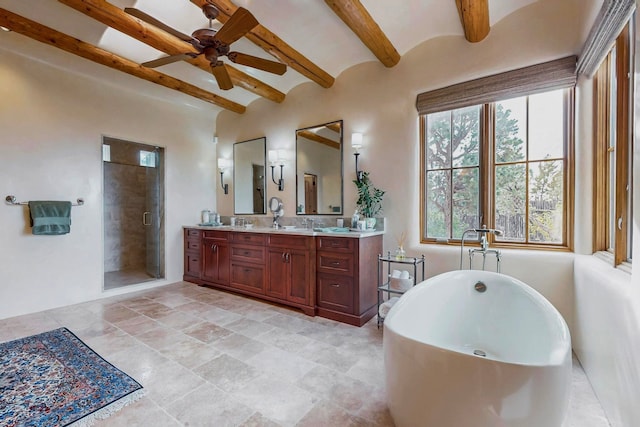 bathroom featuring beamed ceiling, ceiling fan, shower with separate bathtub, and vanity