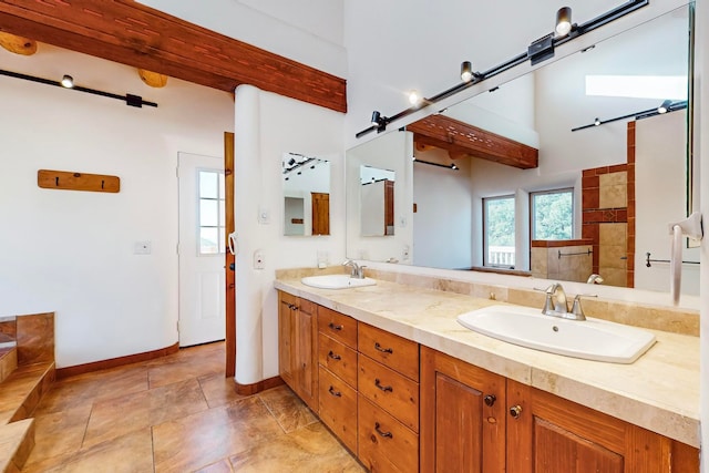 bathroom with vanity and walk in shower