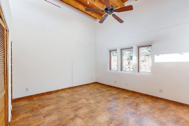 unfurnished room featuring beam ceiling, ceiling fan, and high vaulted ceiling