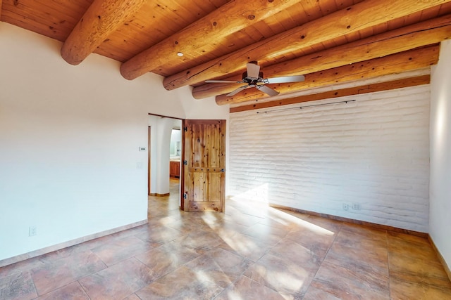 unfurnished room featuring beam ceiling, ceiling fan, and wood ceiling