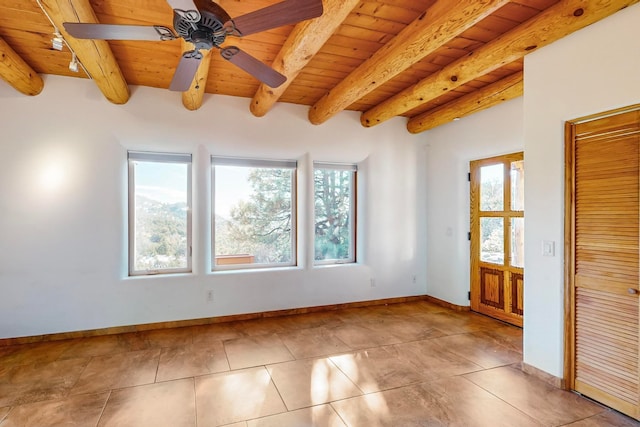 tiled empty room featuring wood ceiling and a wealth of natural light