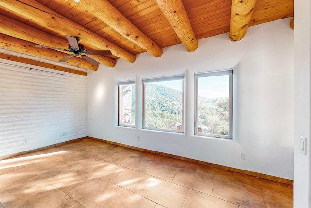 tiled empty room with ceiling fan, beam ceiling, and wooden ceiling