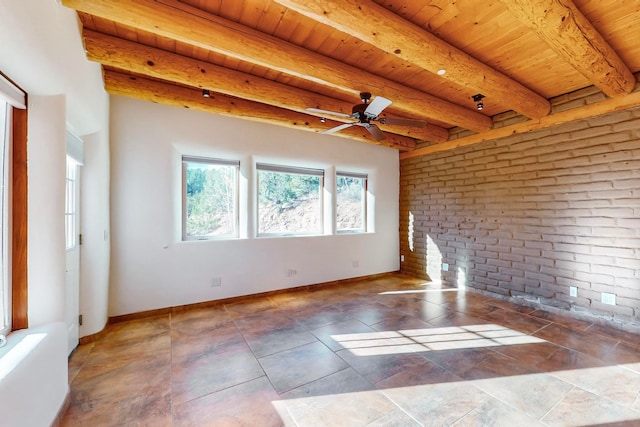 spare room with beam ceiling, ceiling fan, and wood ceiling