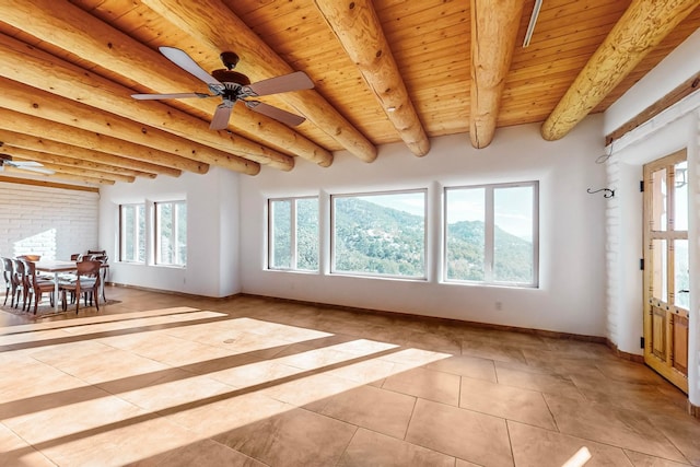 unfurnished sunroom with ceiling fan, beamed ceiling, and wood ceiling