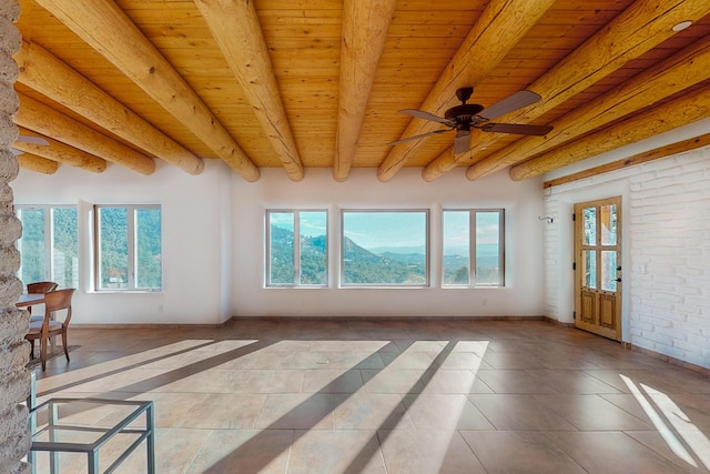 unfurnished sunroom with plenty of natural light, beam ceiling, wood ceiling, and ceiling fan