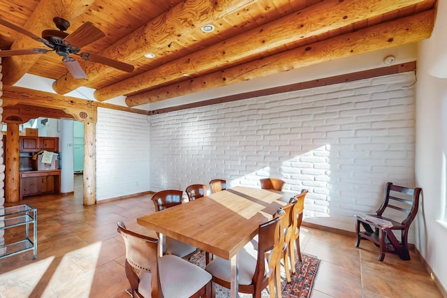 dining room featuring light tile patterned flooring, ceiling fan, wood ceiling, and brick wall