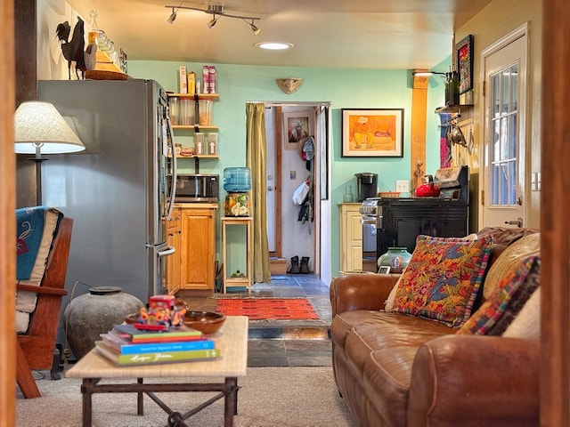 living room with dark colored carpet