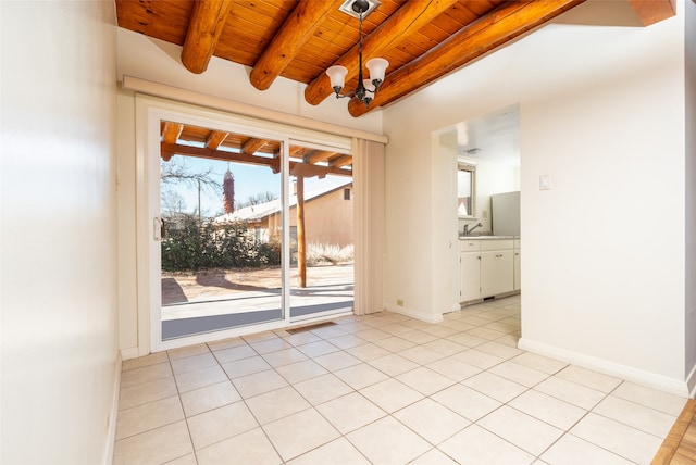 empty room featuring wood ceiling, sink, beam ceiling, light tile patterned floors, and an inviting chandelier