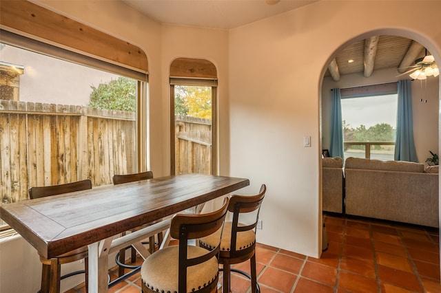 tiled dining room with ceiling fan and a healthy amount of sunlight