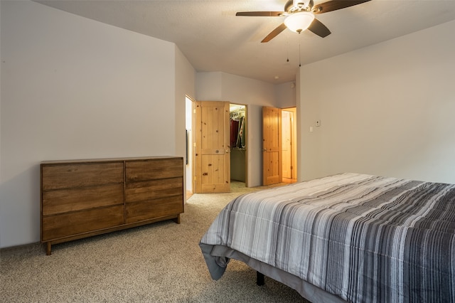 carpeted bedroom with a walk in closet, a closet, and ceiling fan