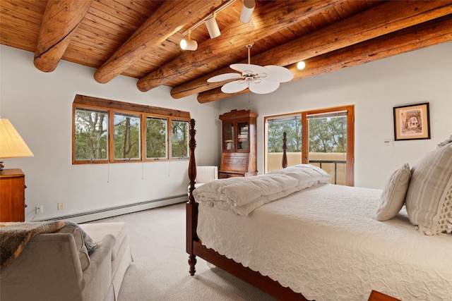 carpeted bedroom featuring wood ceiling, ceiling fan, beamed ceiling, and a baseboard radiator