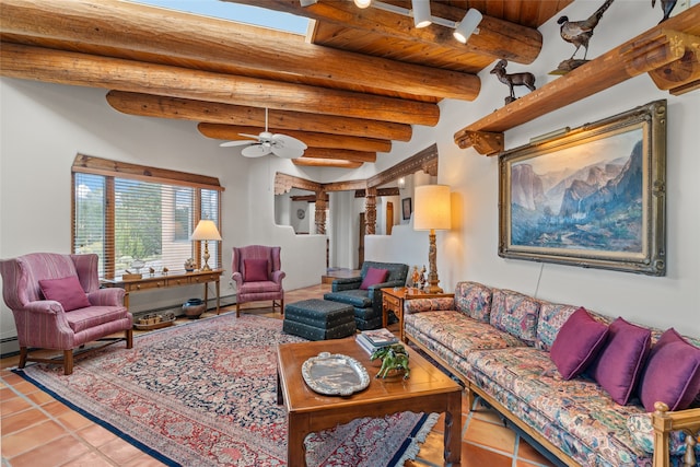 living room featuring tile patterned flooring, ceiling fan, beam ceiling, and wood ceiling