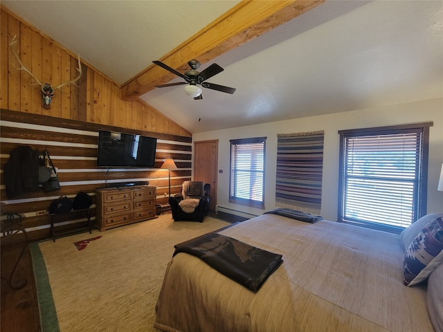 carpeted bedroom with baseboard heating, ceiling fan, wooden walls, and lofted ceiling with beams