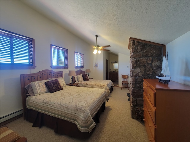 carpeted bedroom with a textured ceiling, ceiling fan, vaulted ceiling, and baseboard heating