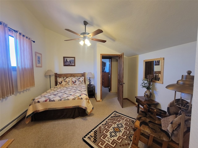 bedroom featuring ceiling fan, light carpet, vaulted ceiling, and a baseboard heating unit