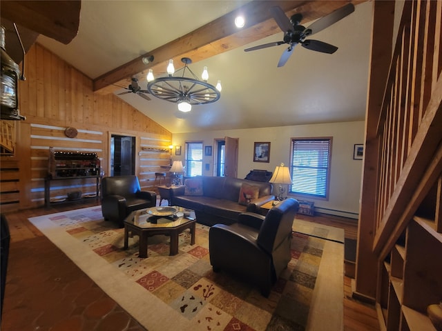 living room featuring beamed ceiling, hardwood / wood-style floors, a baseboard radiator, and plenty of natural light