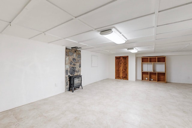 basement with a wood stove