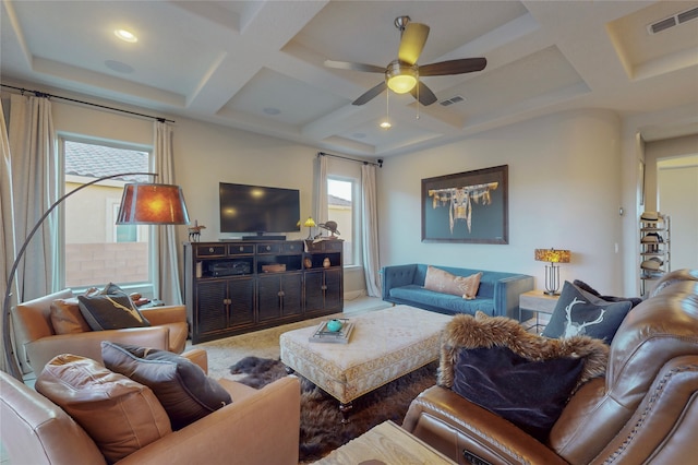 living room featuring beamed ceiling, ceiling fan, and coffered ceiling