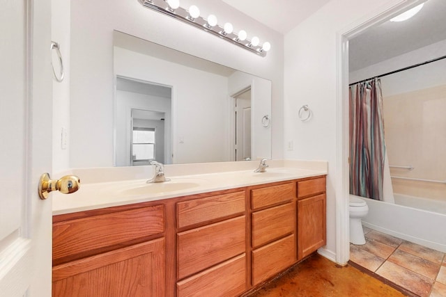 full bathroom featuring tile patterned floors, vanity, toilet, and shower / bathtub combination with curtain