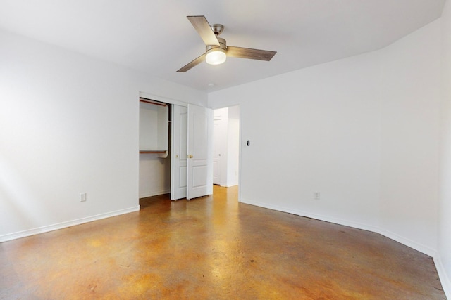 unfurnished bedroom featuring concrete flooring, a closet, and ceiling fan