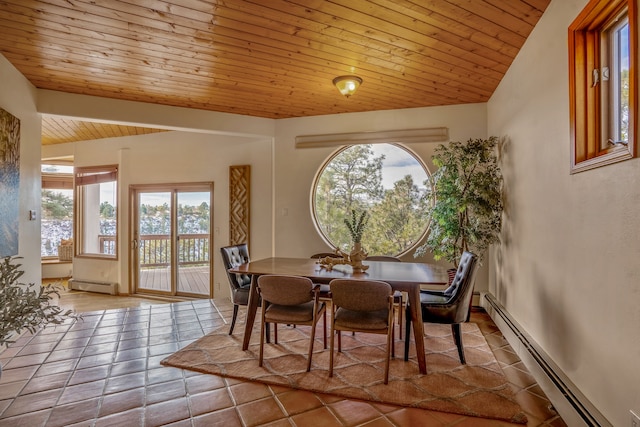 tiled dining space featuring plenty of natural light, wood ceiling, and a baseboard radiator