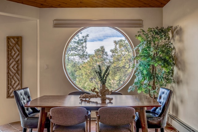 dining space with wood ceiling and a baseboard heating unit