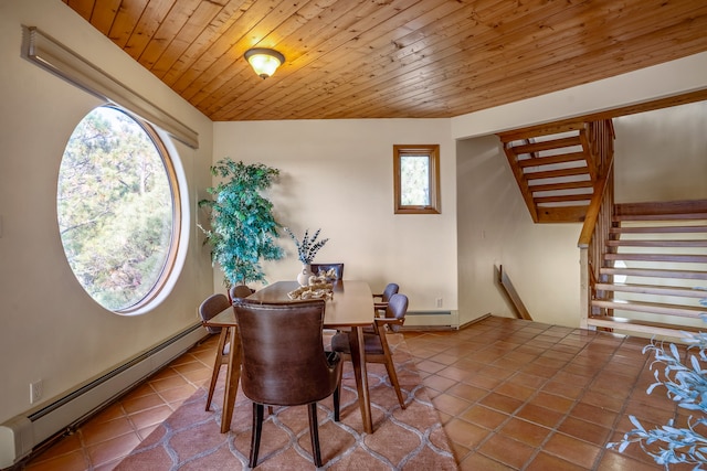 dining room with tile patterned flooring, wood ceiling, and a baseboard heating unit